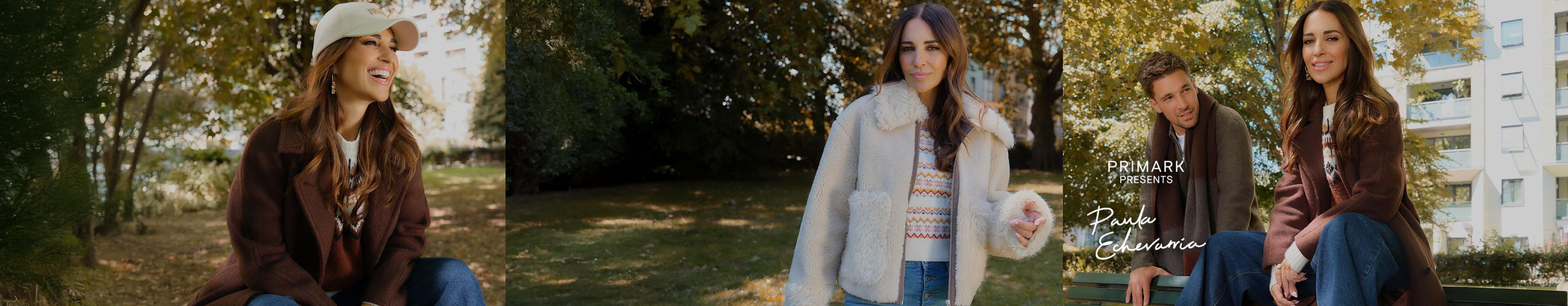 Group of diverse models showcasing casual autumn fashion collection against a warm brown backdrop.