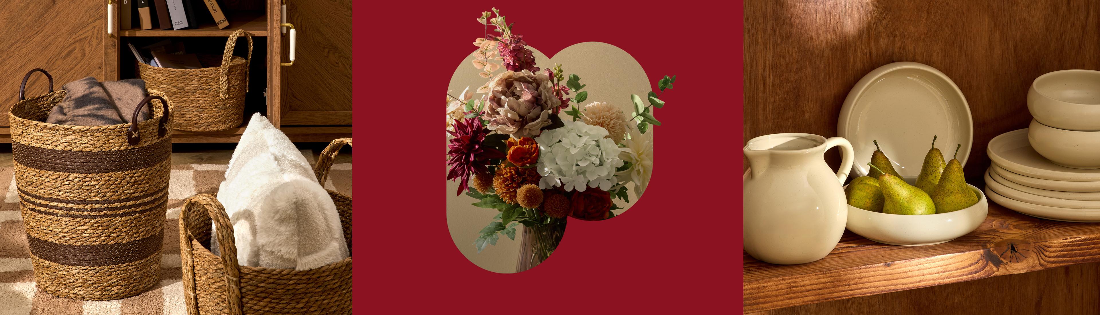 Trois images de déco : paniers de rangement tressés, bouquet de fleurs dans un vase et vaisselle en céramique crème avec poires vertes.