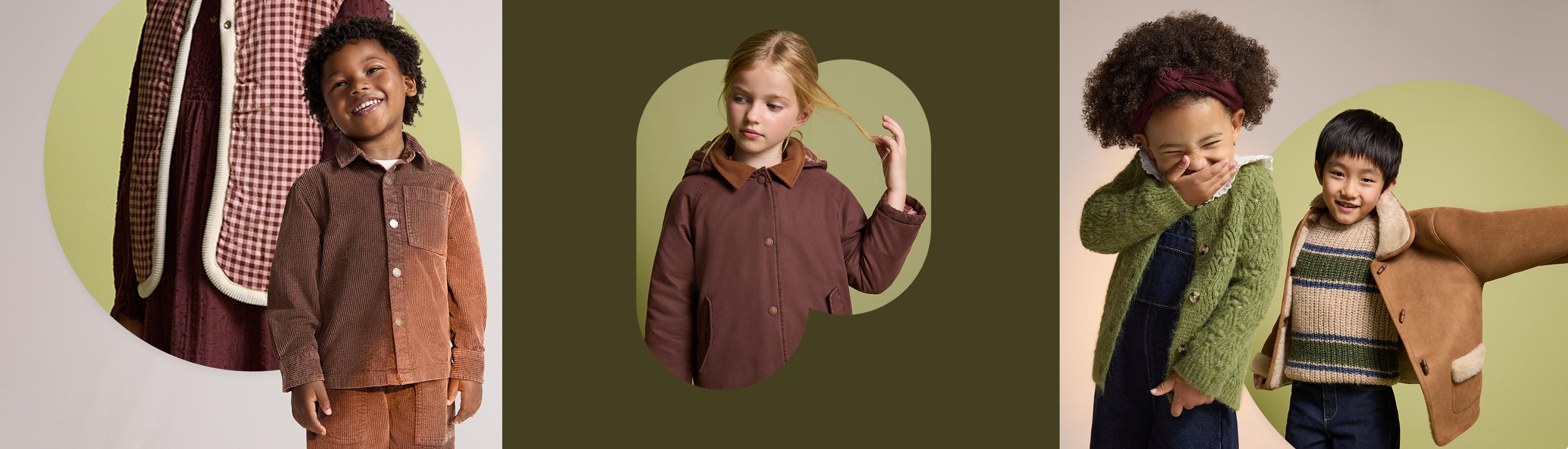 Enfants portant la collection d'automne, avec chemises en velours côtelé, veste marron et pulls en maille.