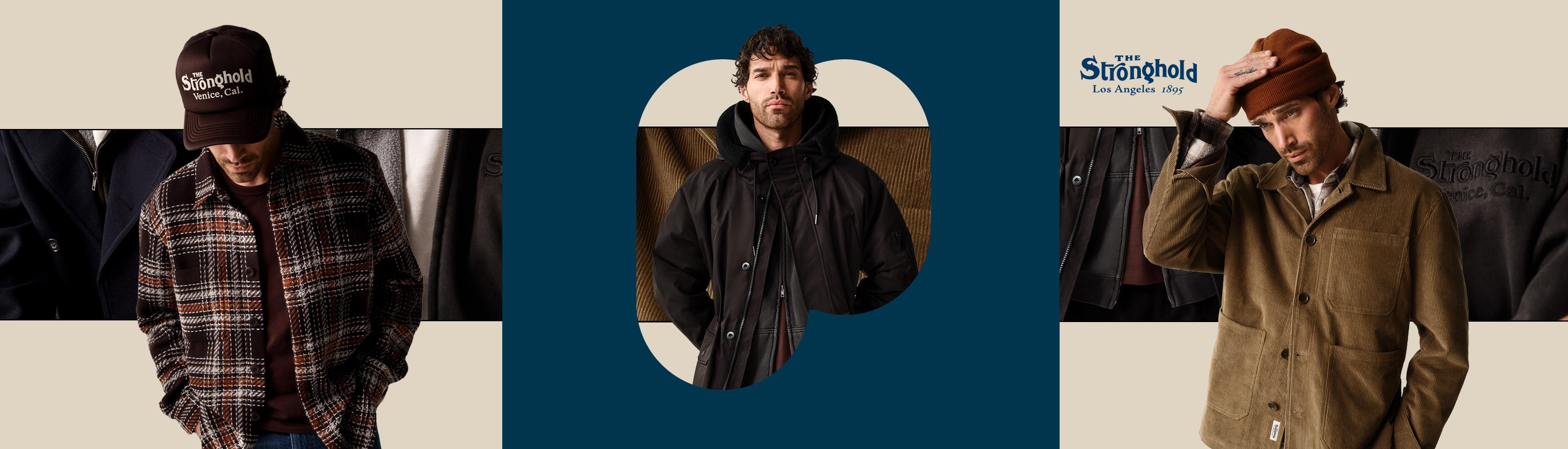Trois hommes portant la collection Stronghold, avec veste à carreaux, sweat à capuche noir et manteau en velours côtelé fauve.