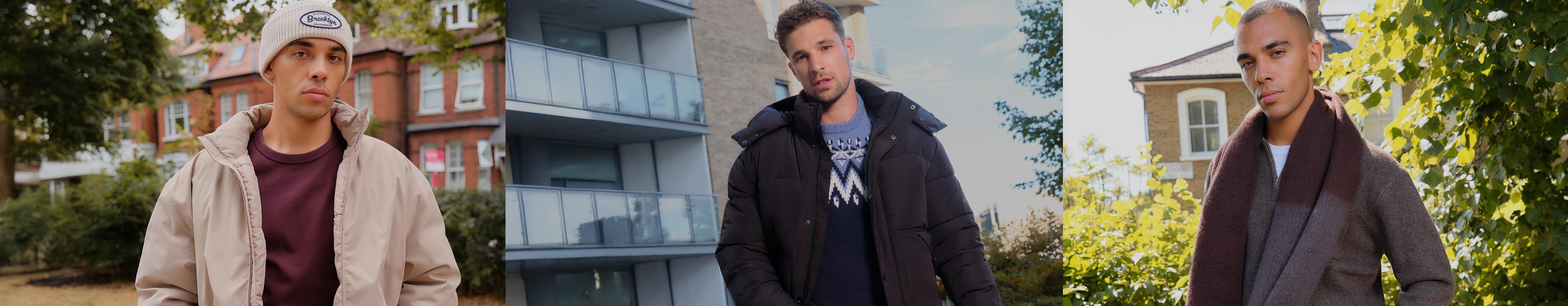 Three models wearing winter outerwear including a beanie with beige jacket, black puffer coat, and grey overcoat outdoors.