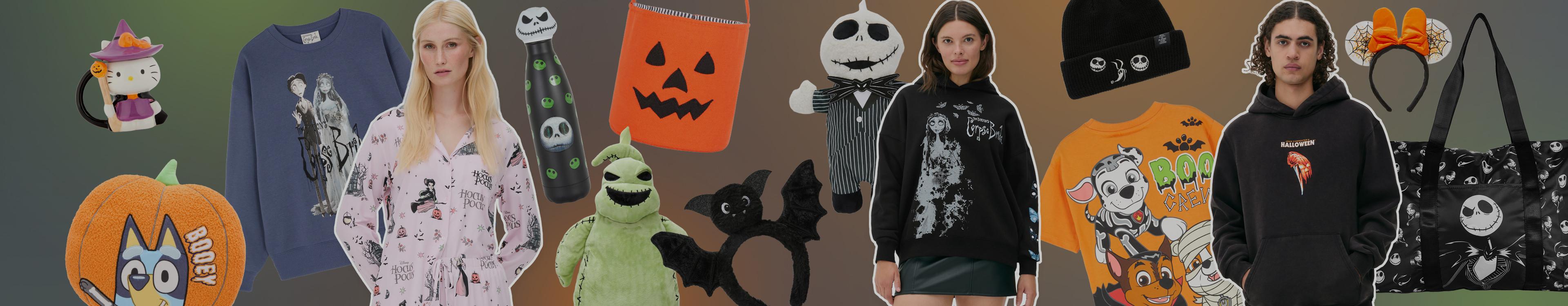 Collection of Halloween-themed clothing and accessories featuring Jack Skellington designs and pumpkin motifs.