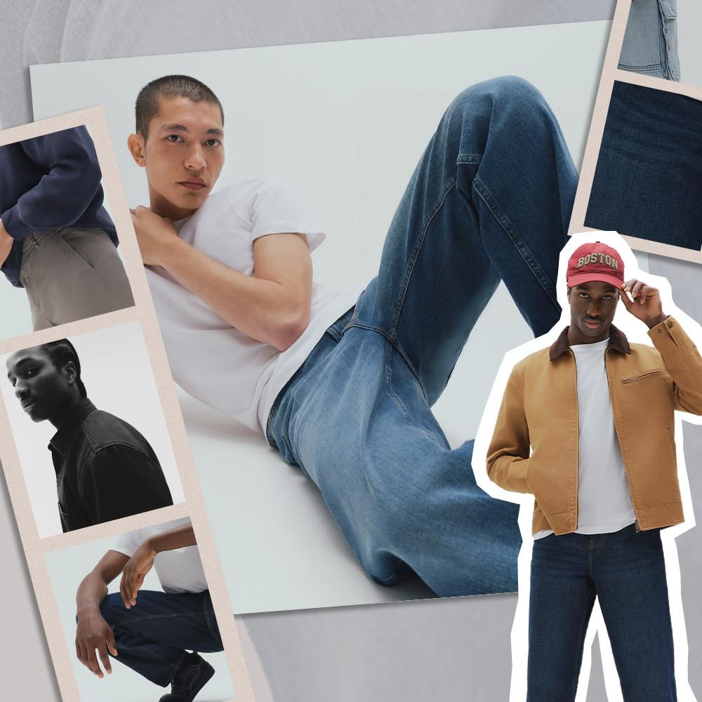 Collage of models wearing casual clothing including blue jeans, white T-shirts, and jackets.