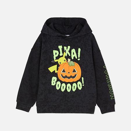 Black hoodie featuring Pikachu character sitting on a jack-o'-lantern with "PIKA! BOOOO!" text in green lettering.