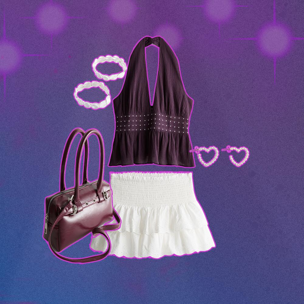 Black halter top with studded waist detail, white ruffled skirt, pink handbag and heart-shaped jewelry.