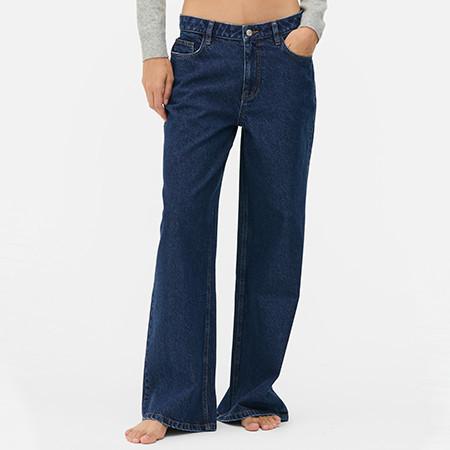 Dark blue wide-leg denim jeans with a classic five-pocket design and traditional waistband.