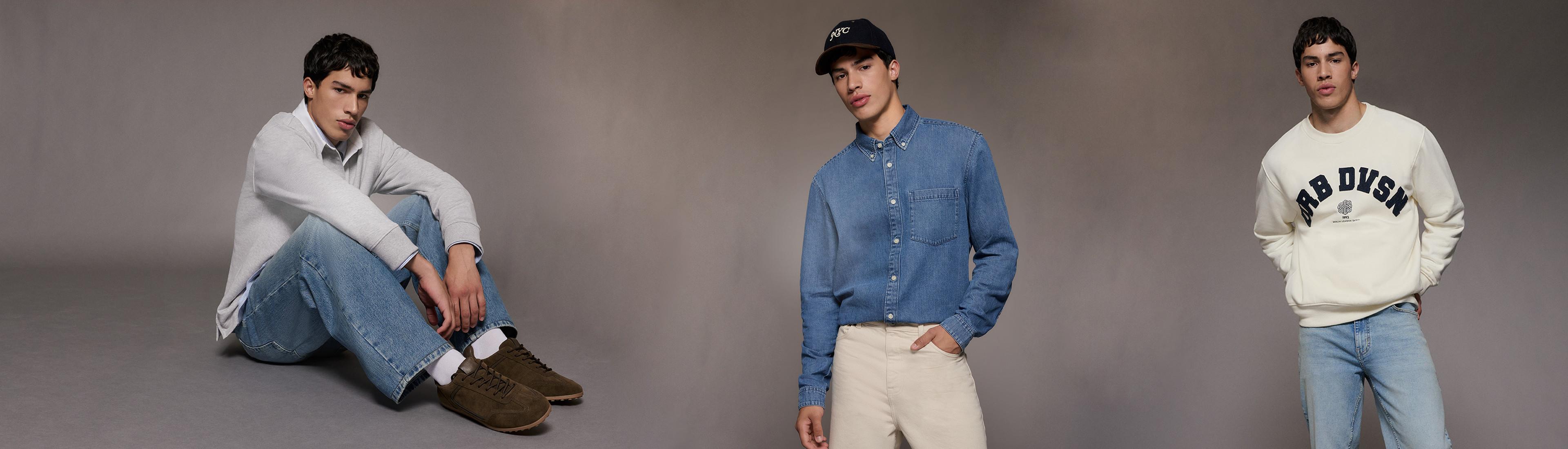 Three poses of a male model wearing casual menswear including denim, a sweatshirt and cap.