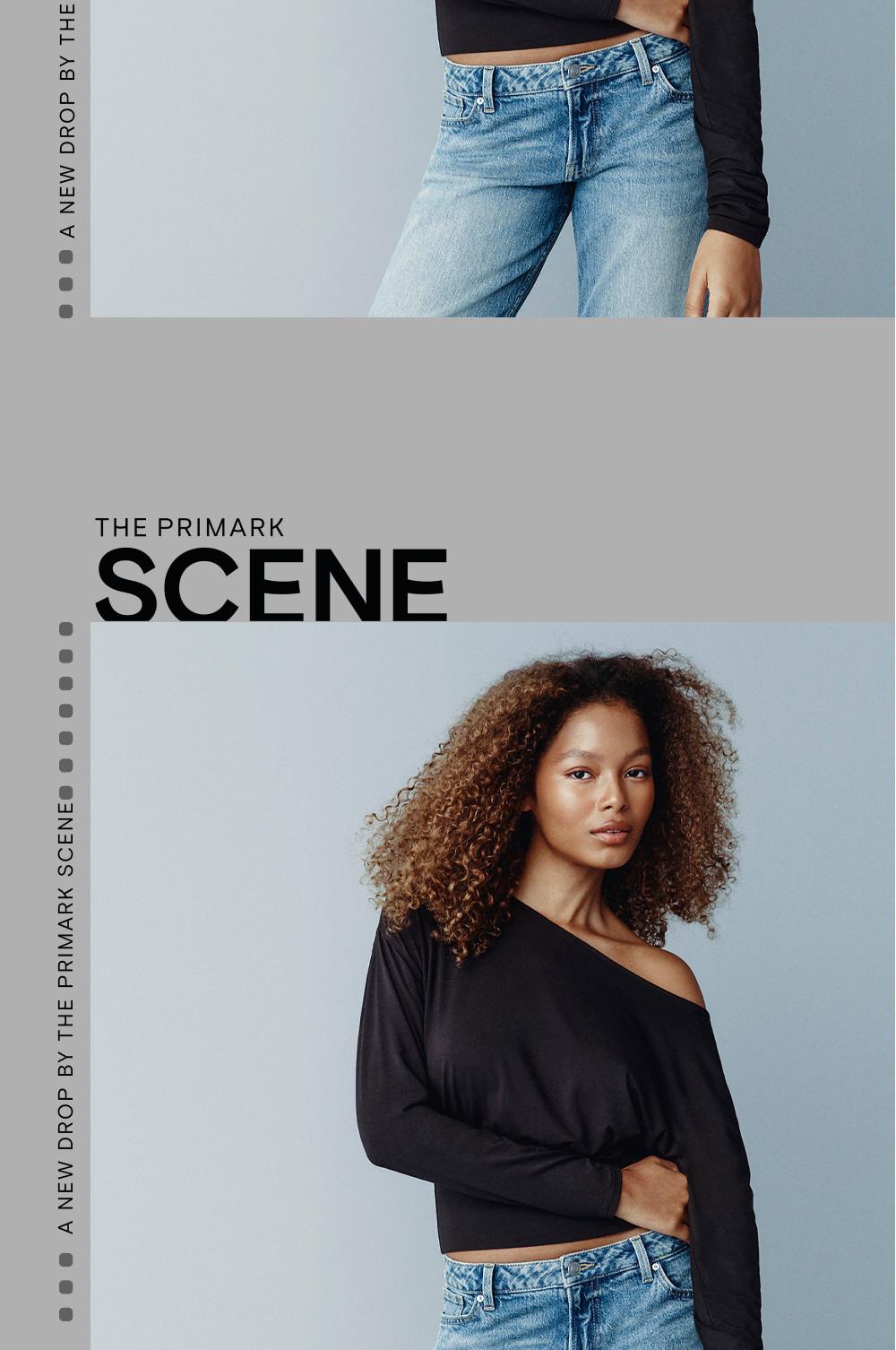 Model wearing black off-shoulder top and light blue jeans from the Primark Scene collection.