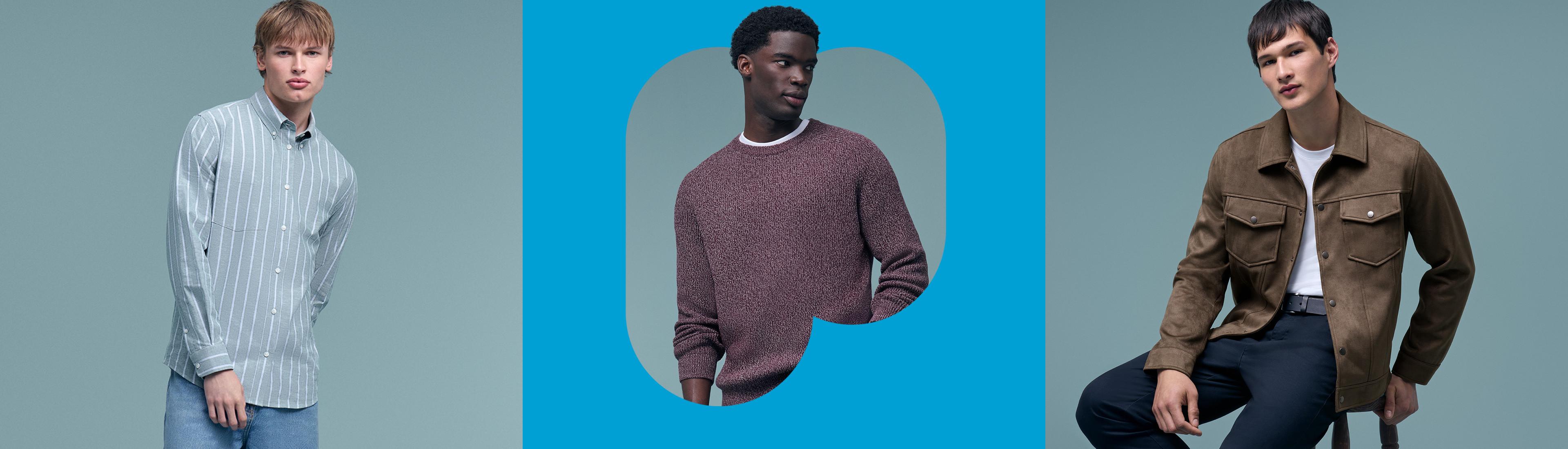 Three models wearing casual menswear: striped shirt with jeans, burgundy sweater, and brown suede jacket.