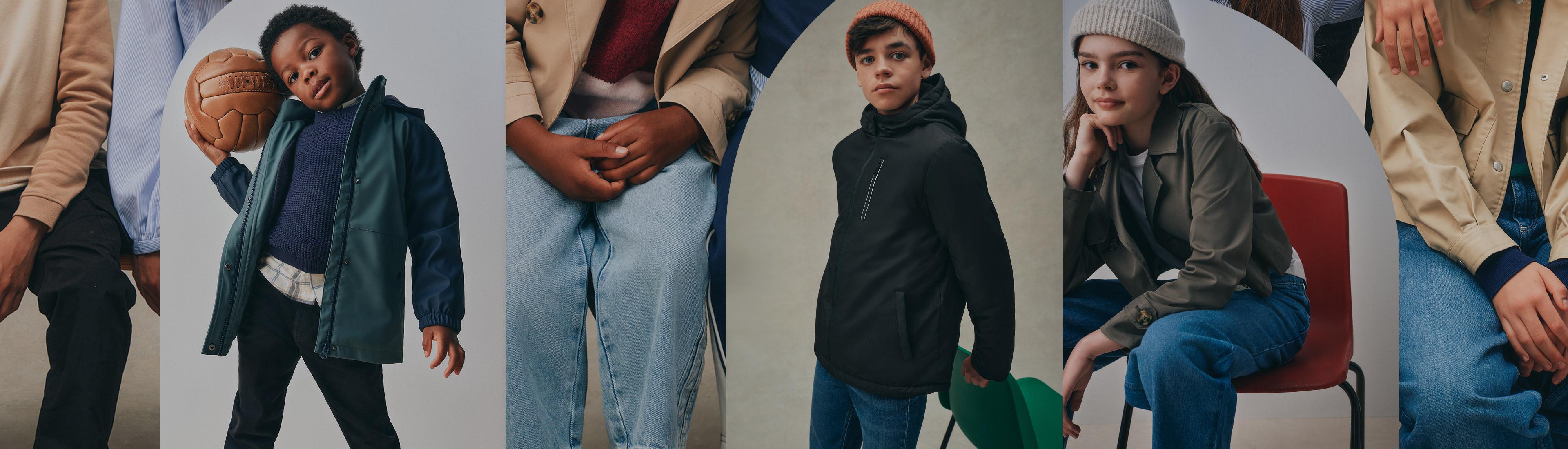 Enfants présentant une collection de vêtements d’extérieur décontractés composée de vestes et pulls dans des couleurs automnales.