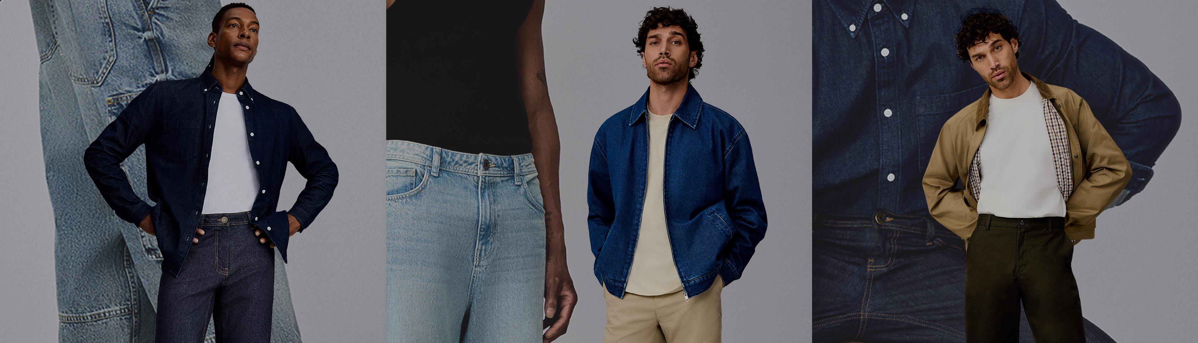Três modelos com roupa masculina informal, incluindo casacos de ganga, t-shirts brancas e várias calças.