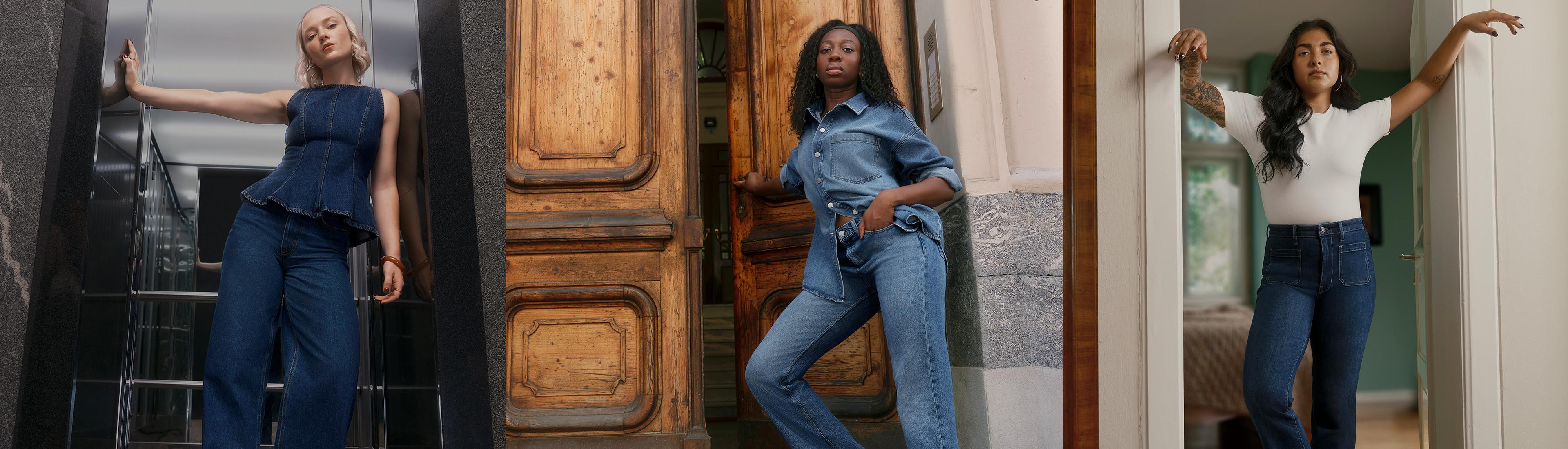 Three people wearing stylish denim outfits in different settings - elevator, doorway, and hallway.