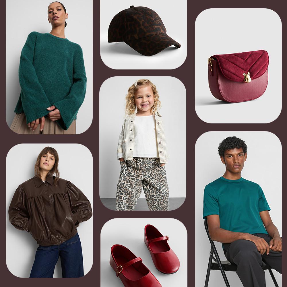I can see this is a composite image with multiple product photos. Here are the alt text descriptions for each item:

**Top left:** Woman wearing an oversized teal knitted jumper with wide sleeves.

**Top middle:** Brown leopard print baseball cap with curved peak.

**Top right:** Burgundy quilted crossbody bag with gold-tone clasp detail.

**Middle left:** Woman wearing brown faux leather bomber jacket with gathered waist.

**Centre:** Young girl wearing cream cable-knit cardigan and leopard print trousers, smiling.

**Middle right:** Man sitting wearing teal crew neck t-shirt and grey trousers.

**Bottom middle:** Pair of red Mary Jane shoes with buckle strap detail.