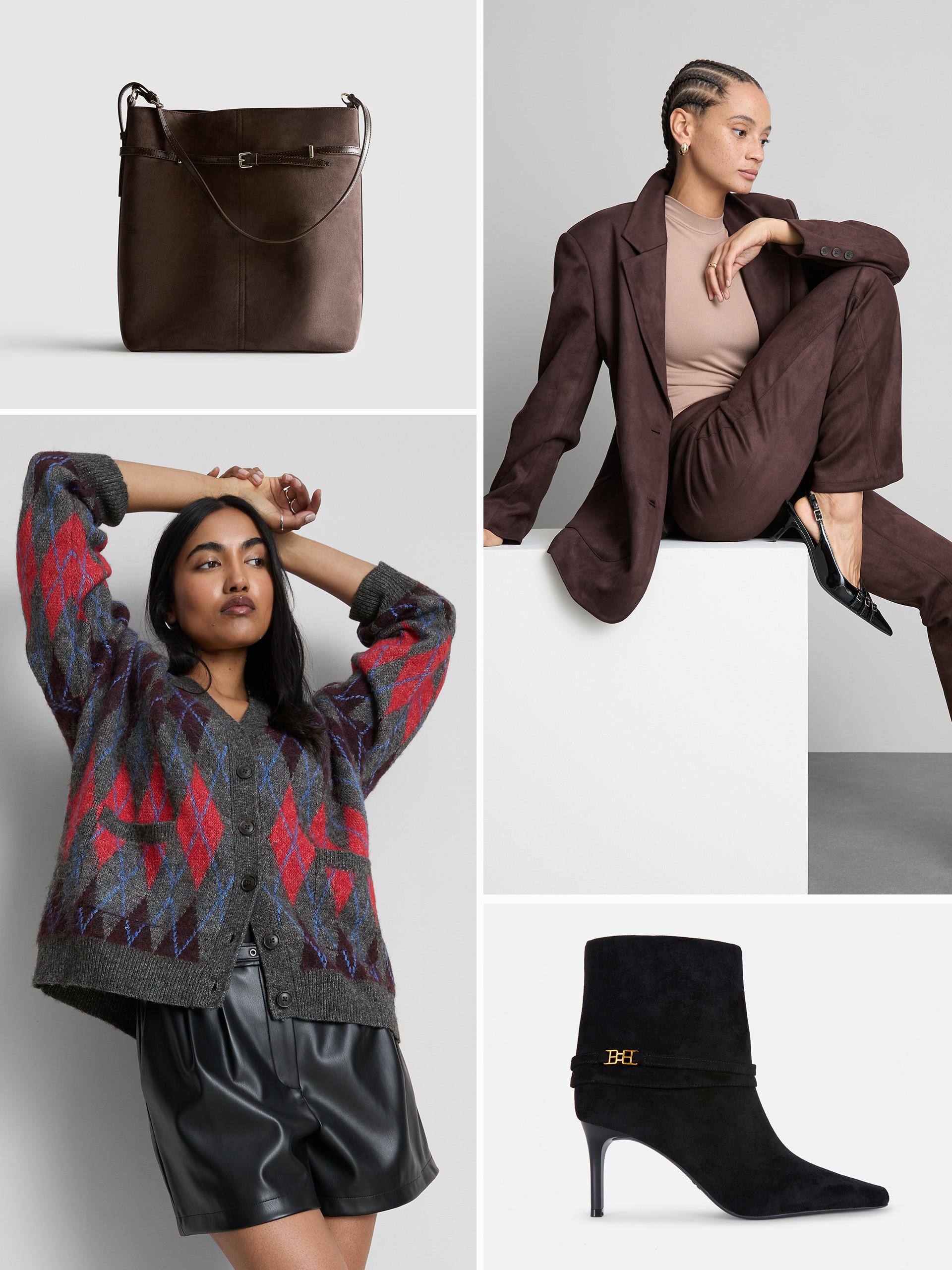 Fashion collection featuring brown leather handbag, patterned cardigan with shorts, brown suit with beige top, and black ankle boots with gold detail.