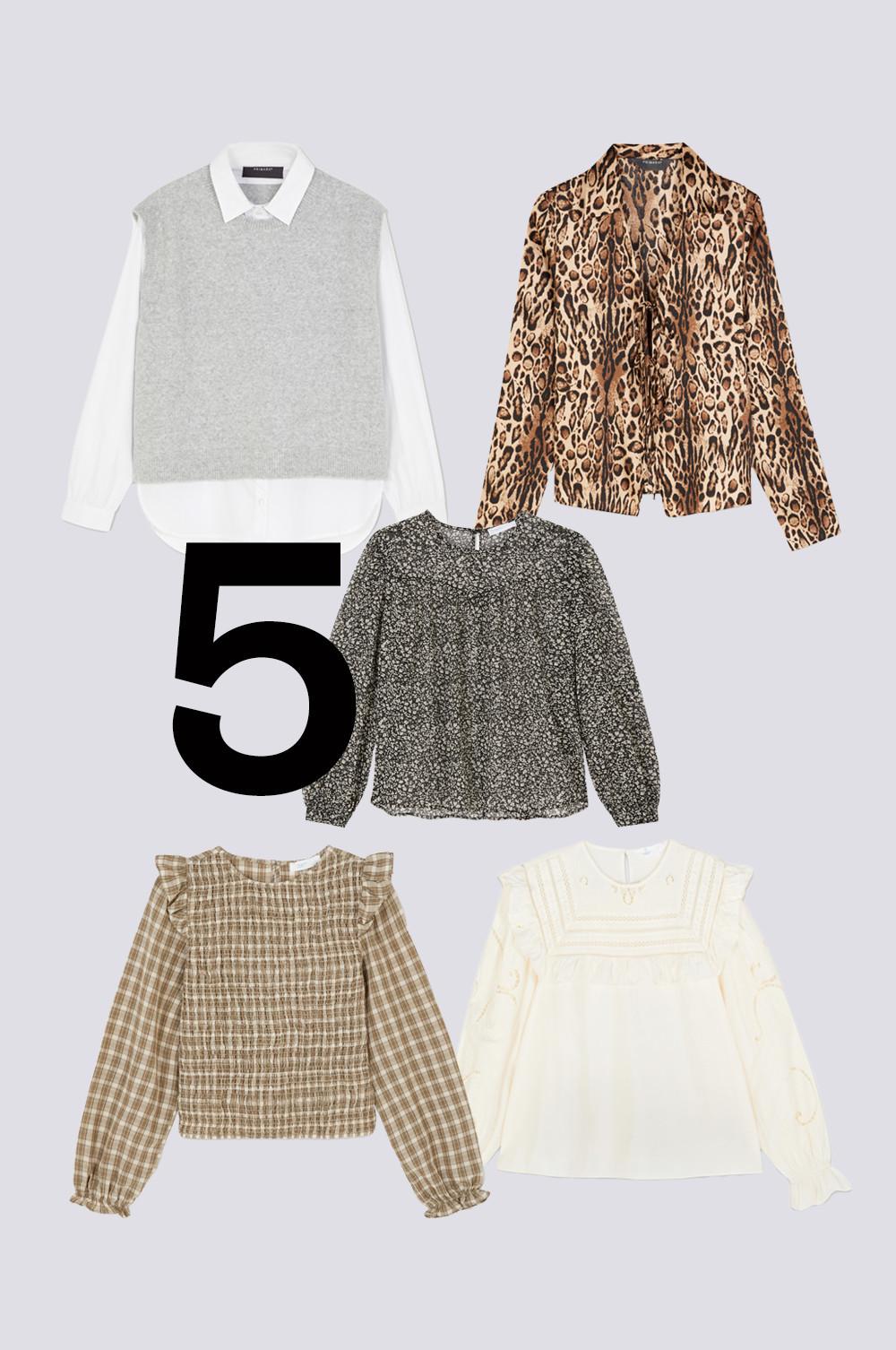Layered vest, long leopard print satin shirt, smock chiffon blouse, frilly white cutwork blouse and check shirred long sleeve blouse