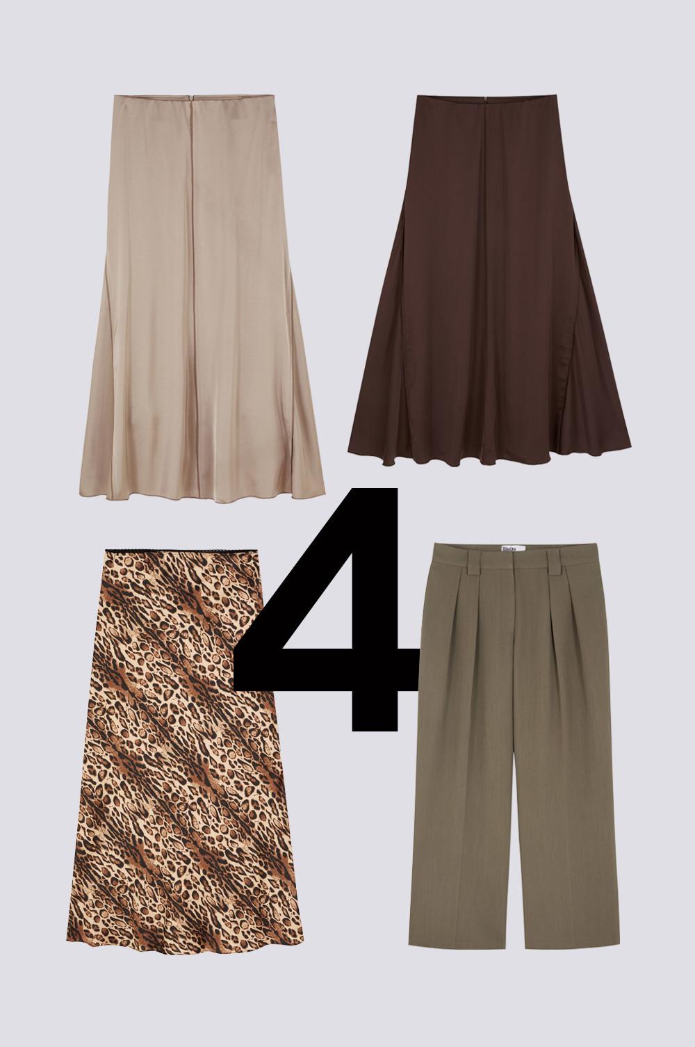 Satin maxi skirt in beige and brown, leopard print skirt and wide leg tailored trousers