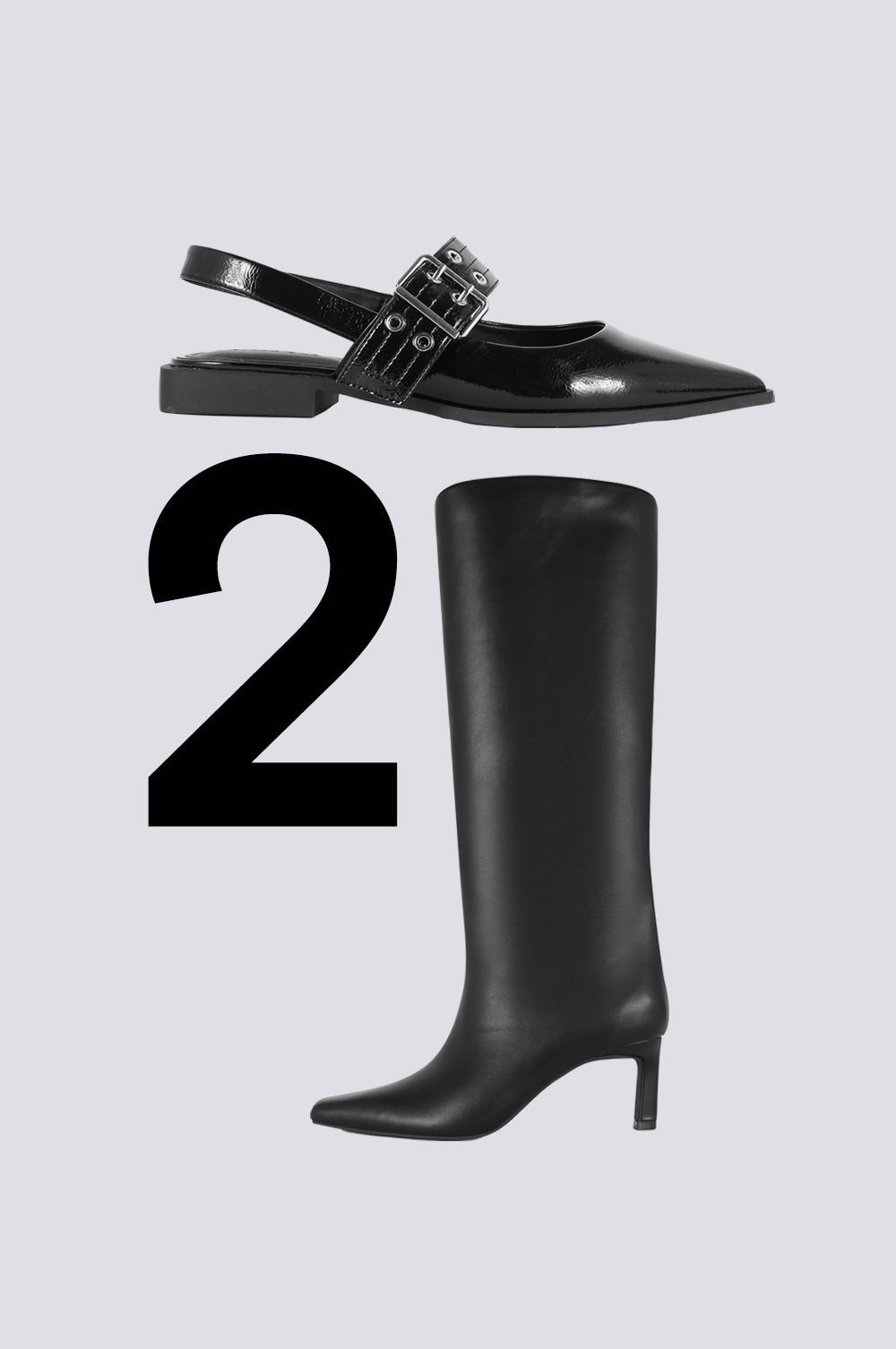 Buckle slingback ballerina shoes and knee-high boots