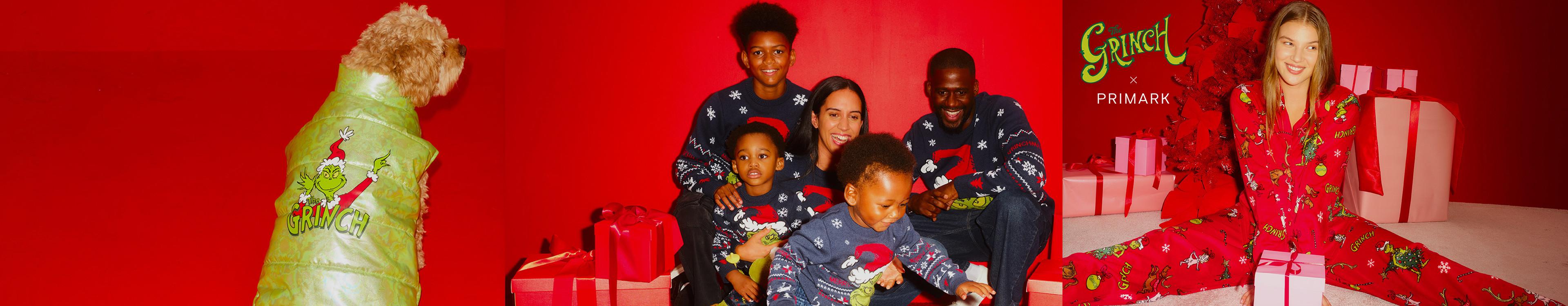 Primark Grinch collection featuring matching family Christmas jumpers and pyjamas with festive gifts.