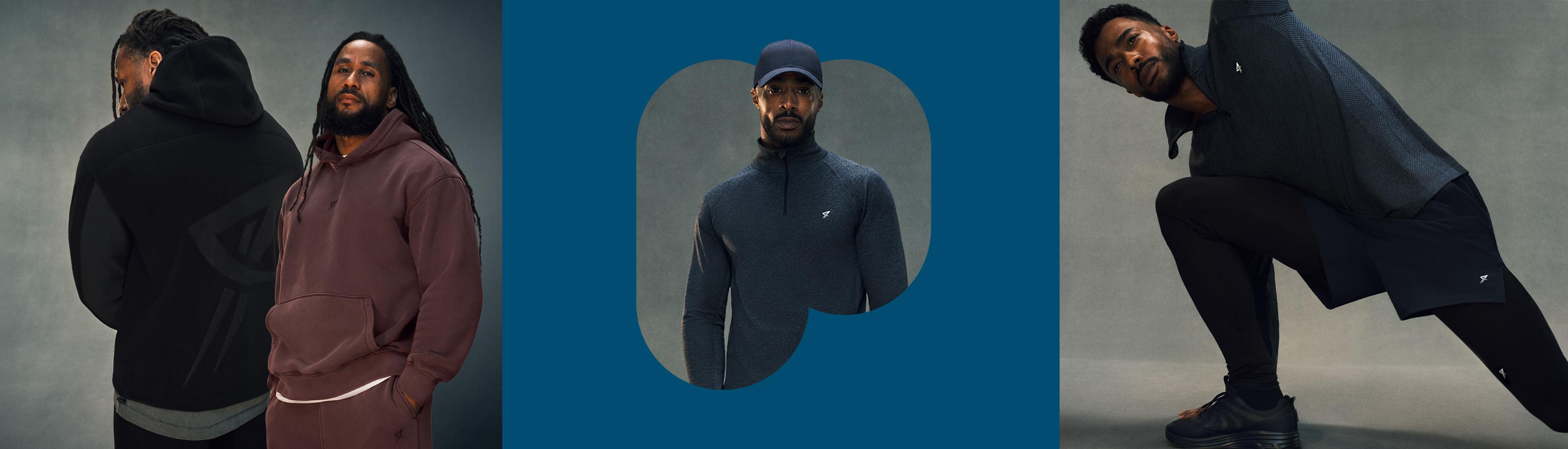 Three athletic clothing styles featuring hoodies, a quarter-zip pullover, and activewear with stretching pose.