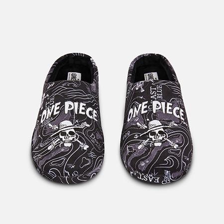 Black slippers featuring One Piece anime design with skull logo and swirling pattern.