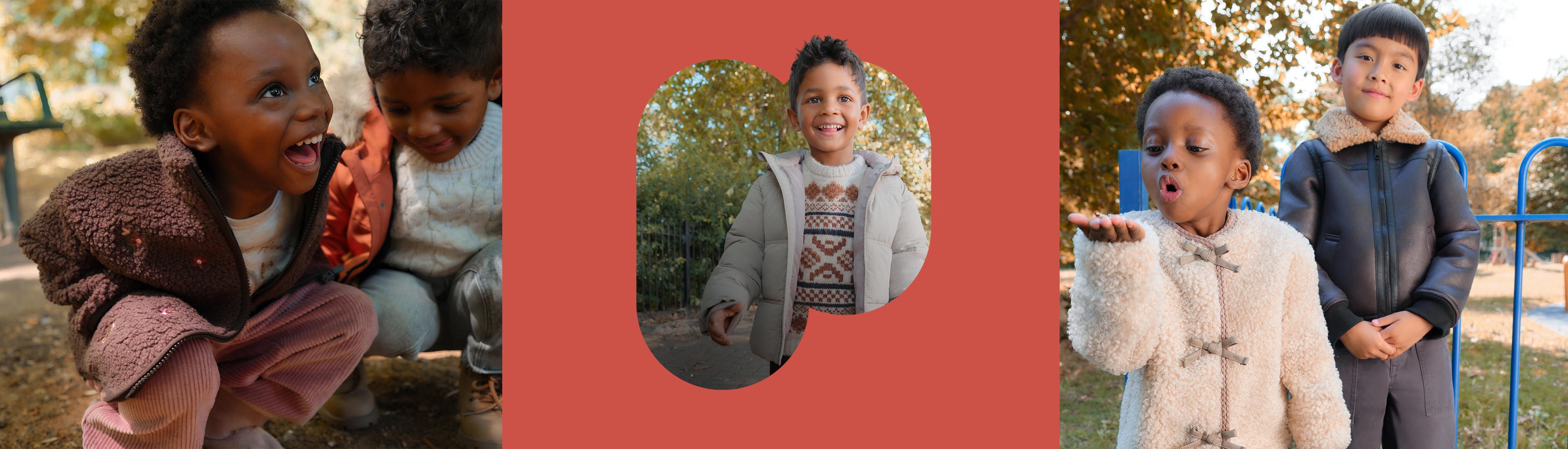 Children wearing autumn outerwear including teddy coats and puffer jackets in an outdoor park setting.