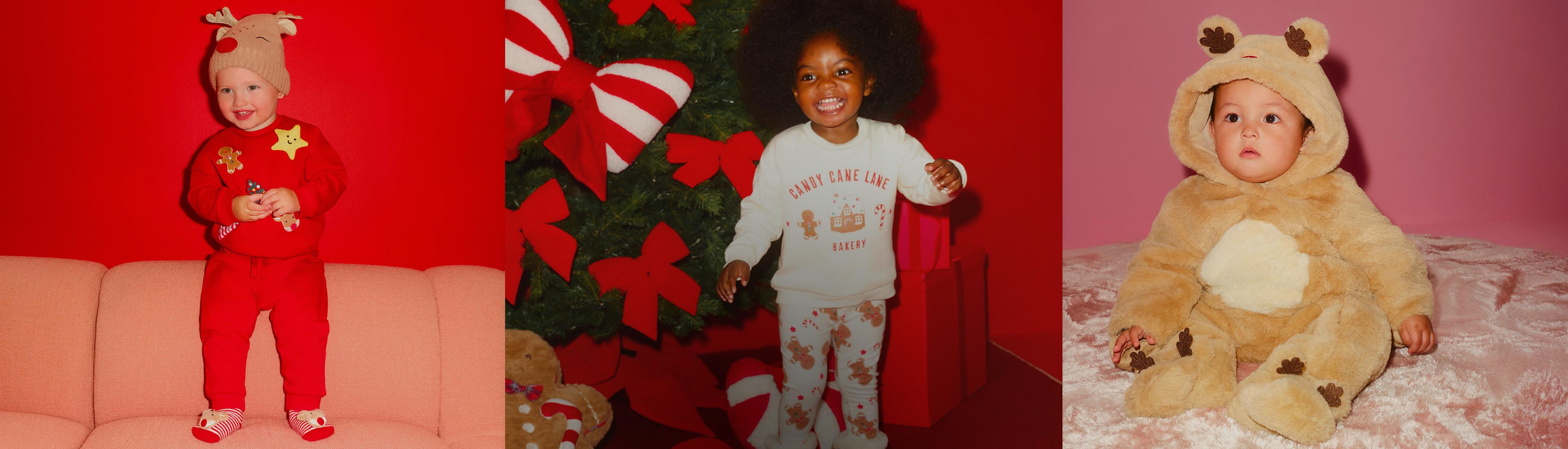 Trójka dzieci prezentująca świąteczne stylizacje, w tym czapkę renifera, piżamę z piernikowym ludzikiem i kostium misia.