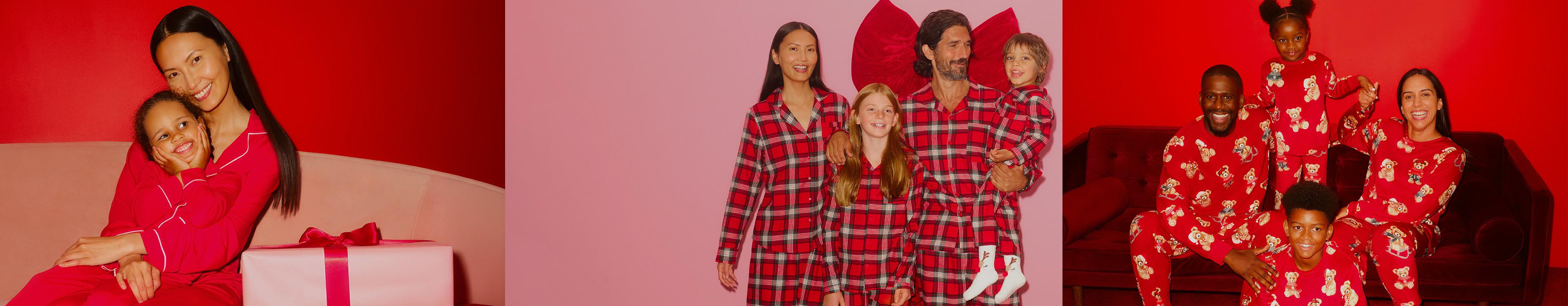 Three holiday scenes of families wearing matching festive pyjamas in red plaid and teddy bear patterns.