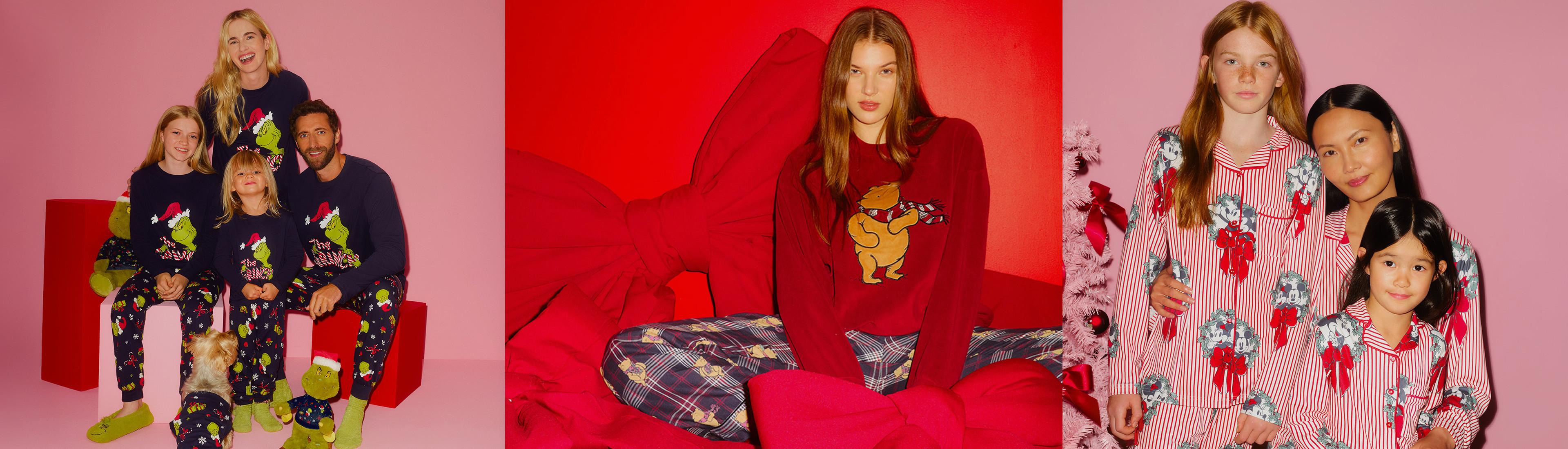 Drei weihnachtliche Schlafanzüge: Schlafanzug-Set mit Grinch-Motiv für die ganze Familie, roter Pullover mit karierter Hose und gestreifte Micky-Maus-Nachtwäsche.