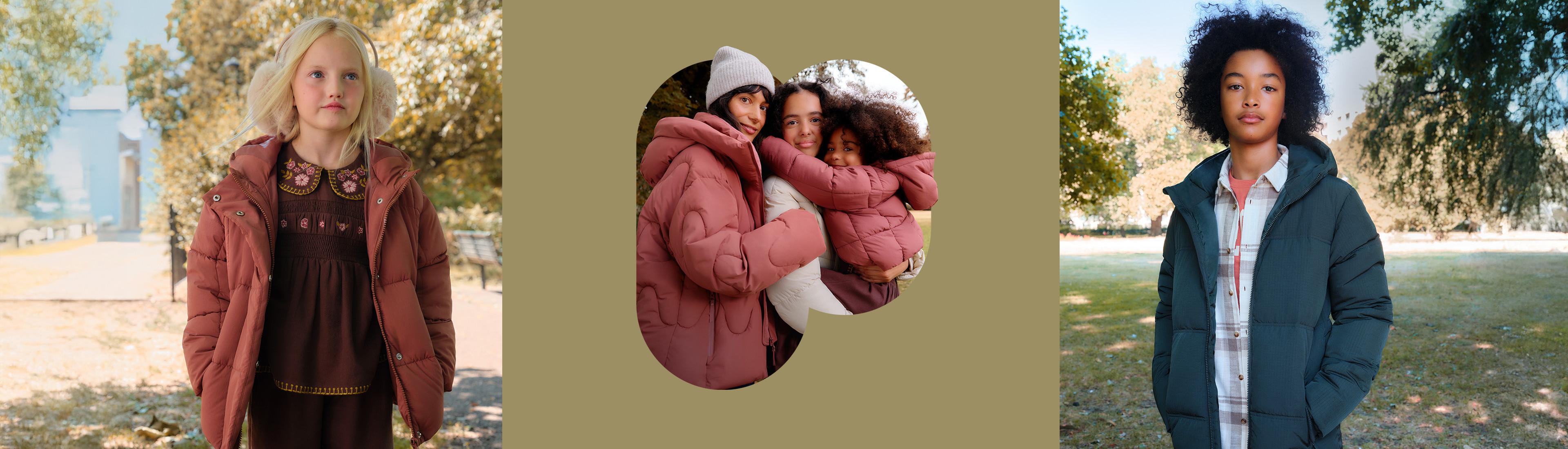 Three models wearing padded winter jackets in rust and teal colours, photographed outdoors in autumn settings.