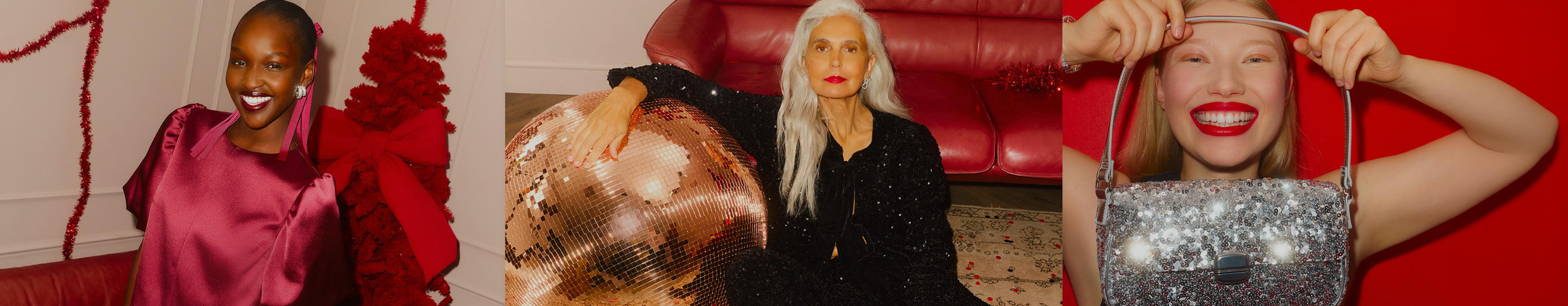 Three models in festive attire with sparkly accessories including a disco ball and silver handbag.