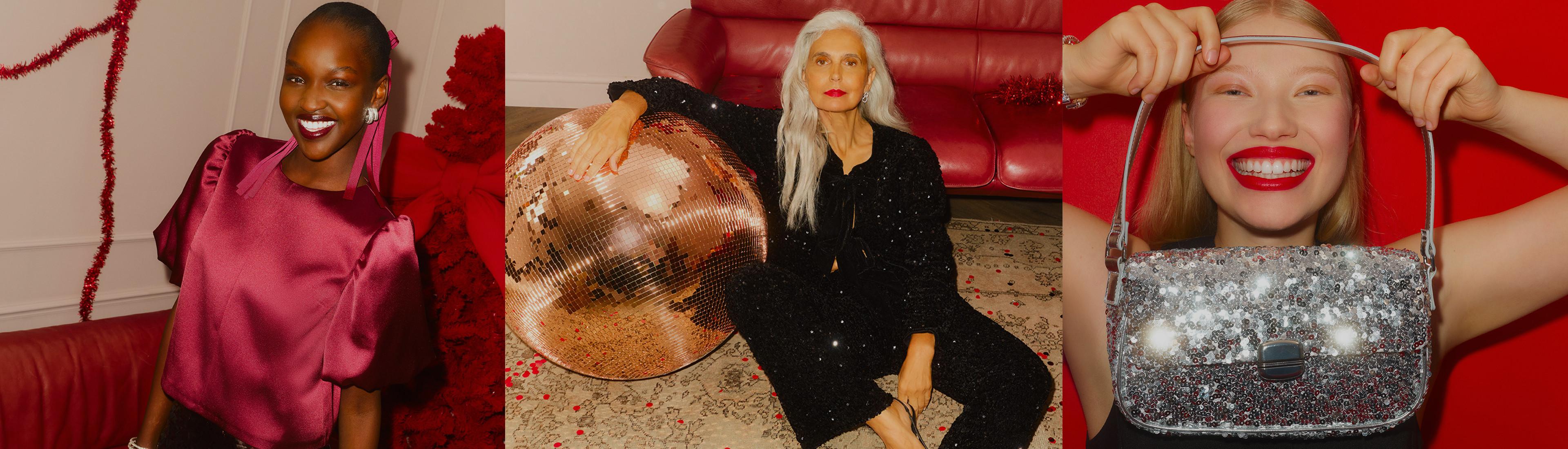 Trois mannequins présentant des tenues festives : top satiné bordeaux, ensemble noir à sequins avec boule à facettes et sac argenté brillant.