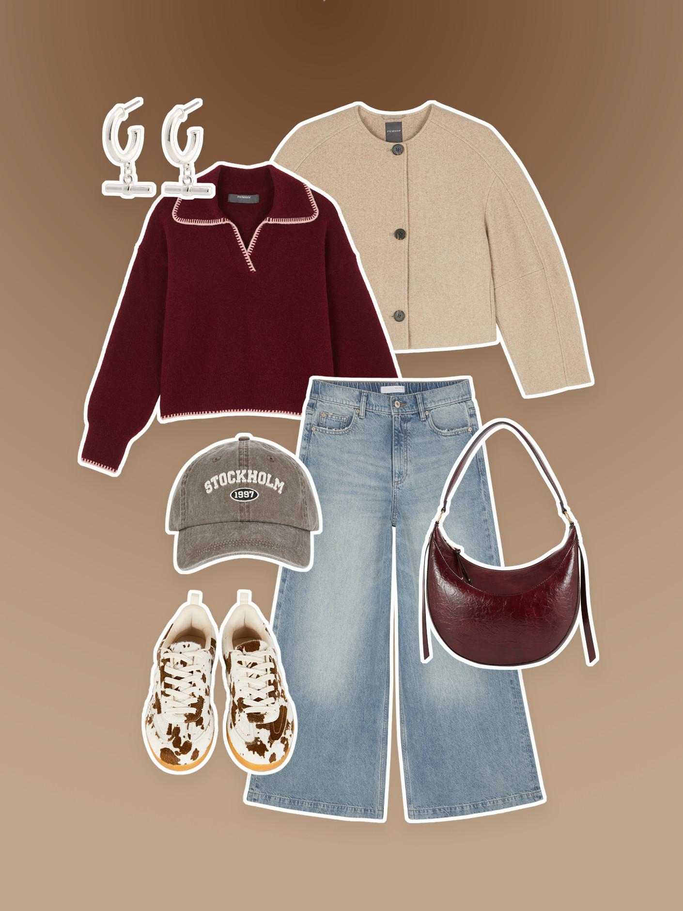 Casual outfit set featuring burgundy pullover, beige jacket, denim jeans, cow-print trainers, Stockholm cap, burgundy handbag and earrings.