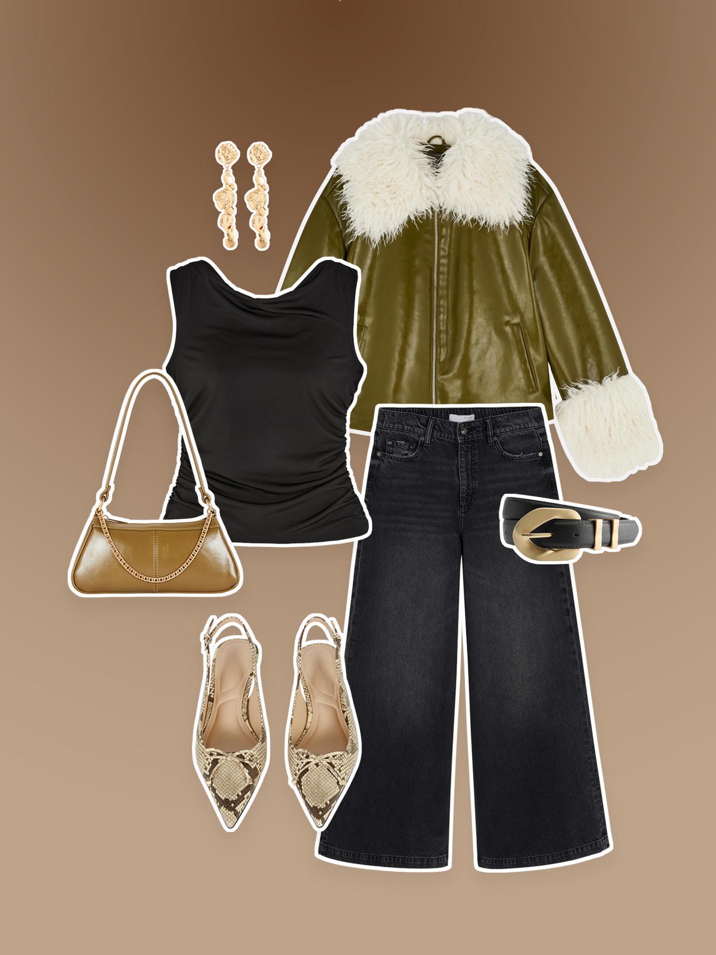 Fashion outfit featuring green jacket with white fur trim, black top, wide-leg jeans, snakeskin shoes and tan handbag.