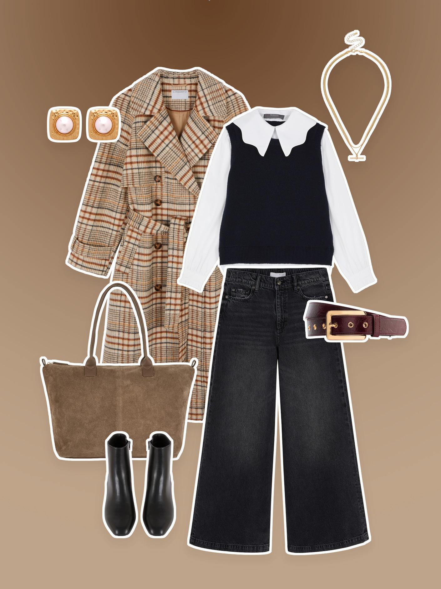 Autumn outfit featuring plaid coat, navy sweater vest with white collar, wide-leg jeans, and accessories.