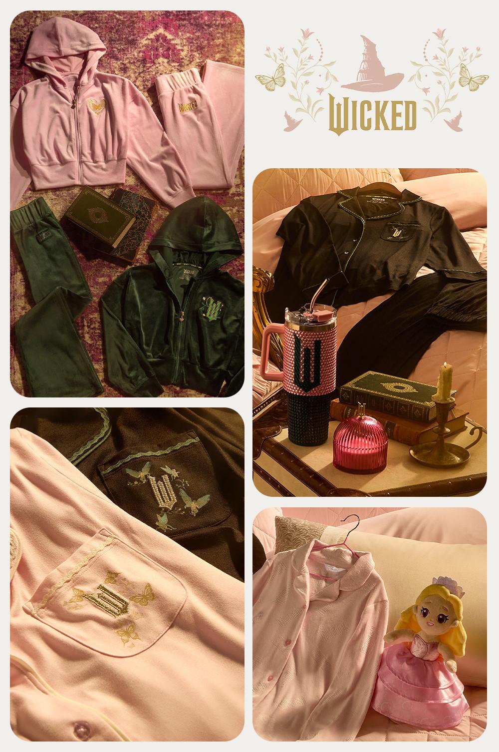Collection of Wicked branded clothing including pink and green tracksuits, pyjamas, and themed accessories.