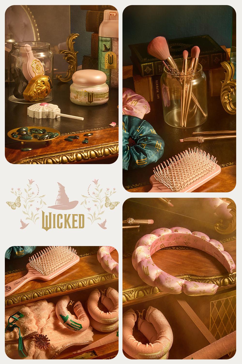 Collection of Wicked beauty products featuring makeup brushes, hairbrush, scrunchie and skincare items on elegant wooden surfaces.