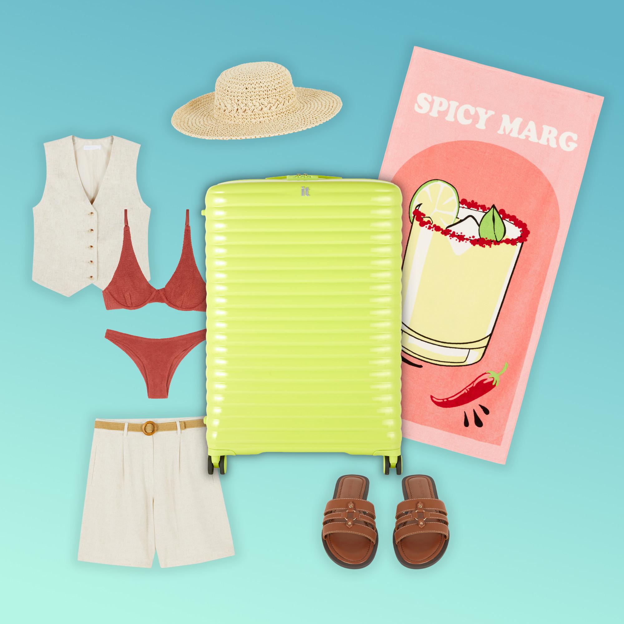 Summer travel essentials featuring a lime green suitcase, red bikini, straw hat, white vest, shorts, brown sandals and a Spicy Marg beach towel.