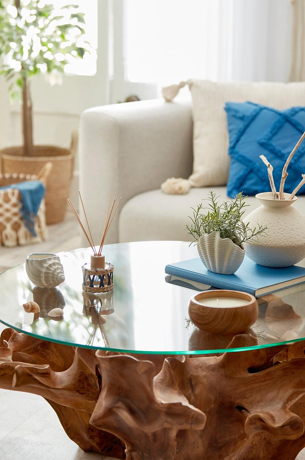 Wooden table with glass top