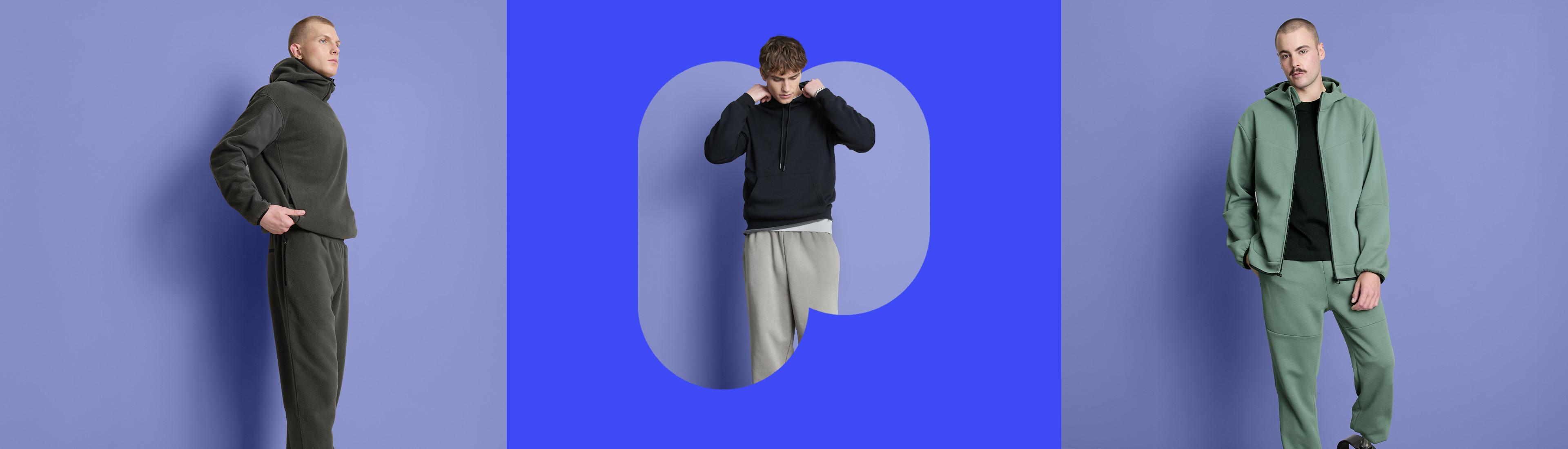 Three models wearing different casual outfits: olive tracksuit, black hoodie with light trousers, and sage green tracksuit set.