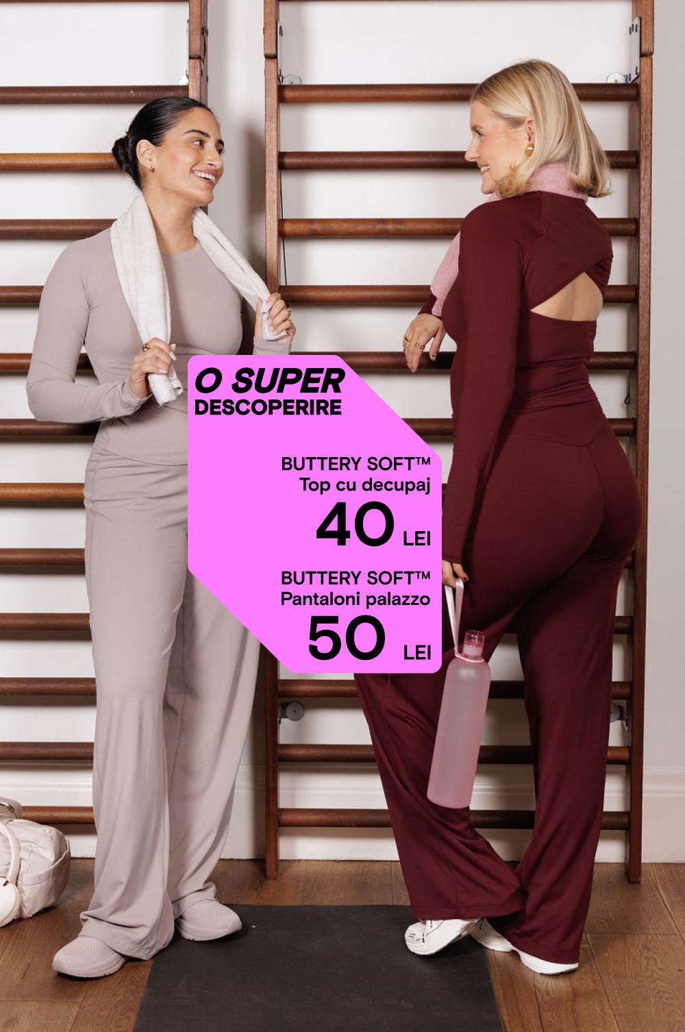 Două femei purtând seturi sport din material BUTTERY SOFT în nuanțele bej și vișiniu, la prețuri promoționale de 8 € pentru top și 10 € pentru pantaloni palazzo.