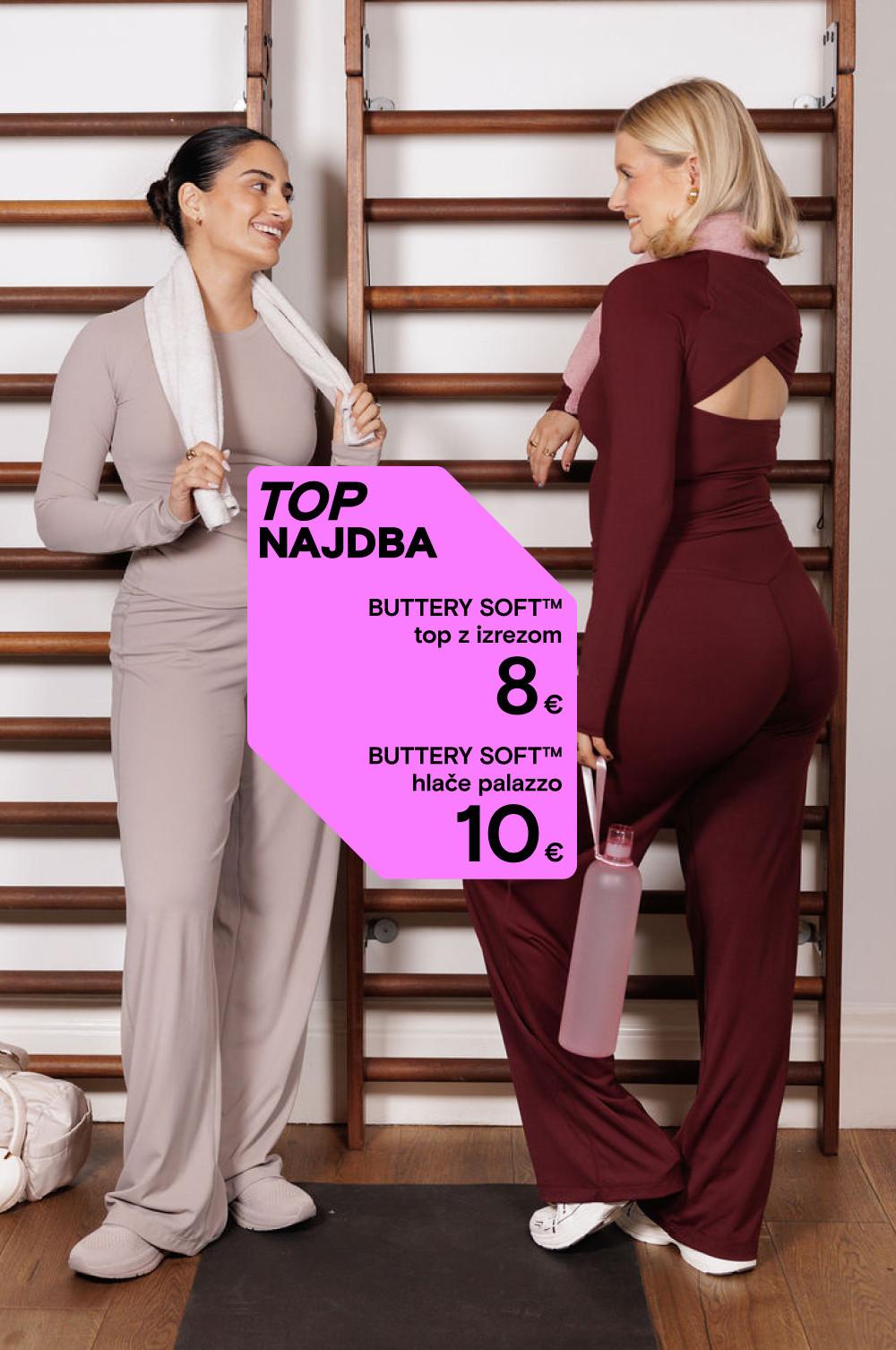 Dve ženski v kompletih za vadbo BUTTERY SOFT v bež in bordo barvi, s promocijsko ceno 8 € za zgornji del in 10 € za hlače palazzo.