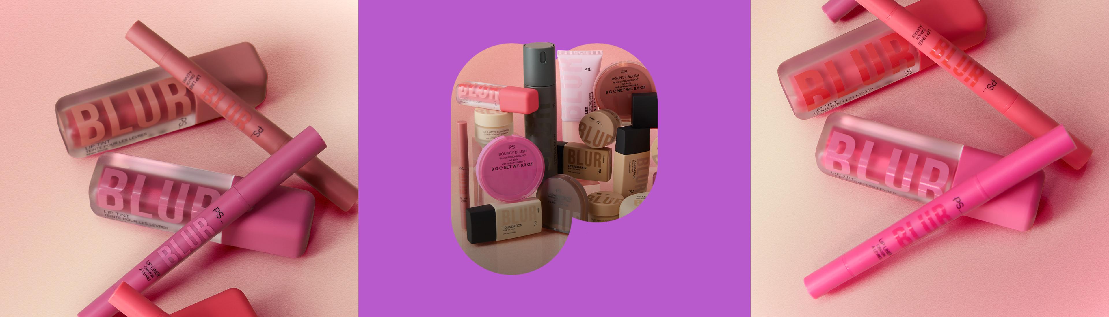 Trio of images showing BLUR brand makeup products including lip pencils and gloss tubes in pink tones.