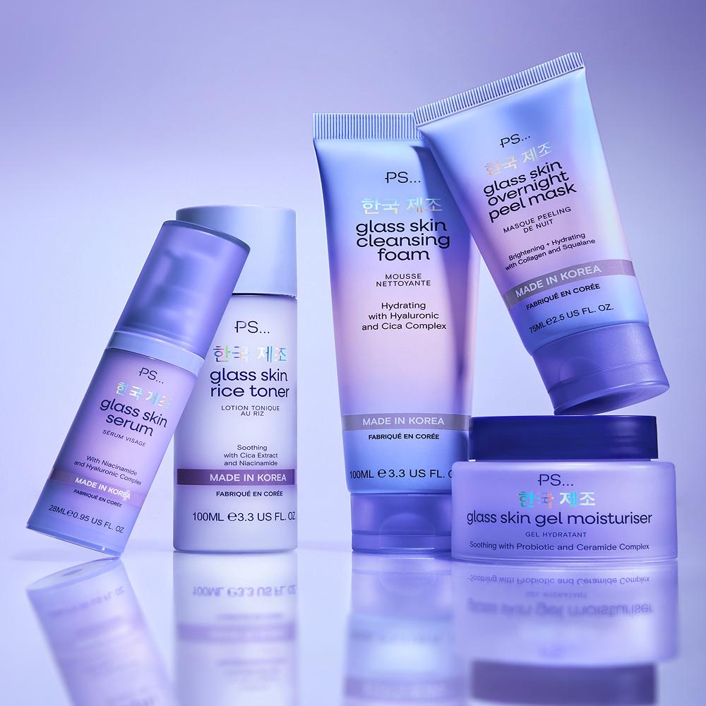 PS skincare collection featuring glass skin serum, toner, cleansing foam, overnight mask and gel moisturiser.