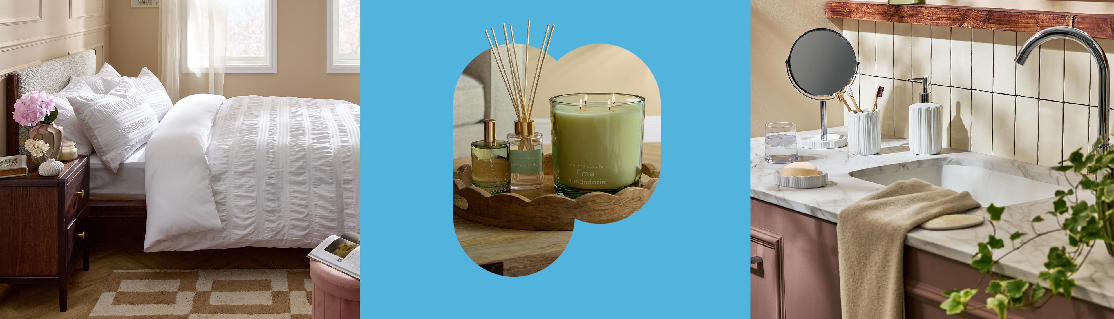 Image en trois volets montrant une chambre blanche, un diffuseur aromatique avec bougie verte et un lavabo de salle de bain élégant avec accessoires.