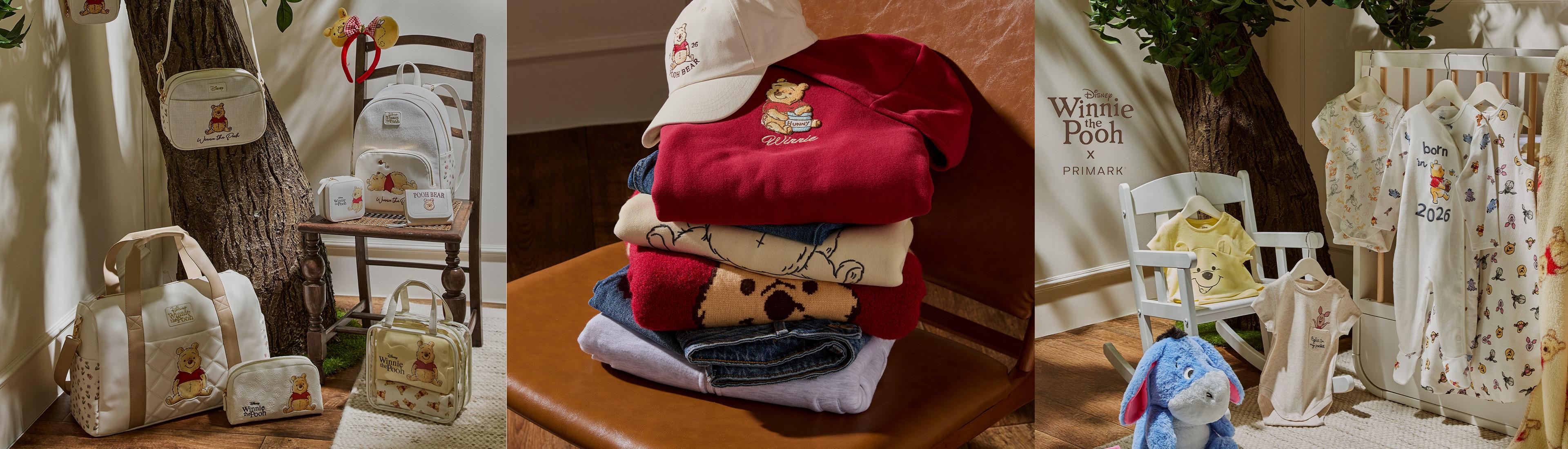 Tres paneles con imágenes de la colección de Winnie the Pooh x Primark, incluyendo bolsos y mochilas, ropa, prendas de bebé y complementos.