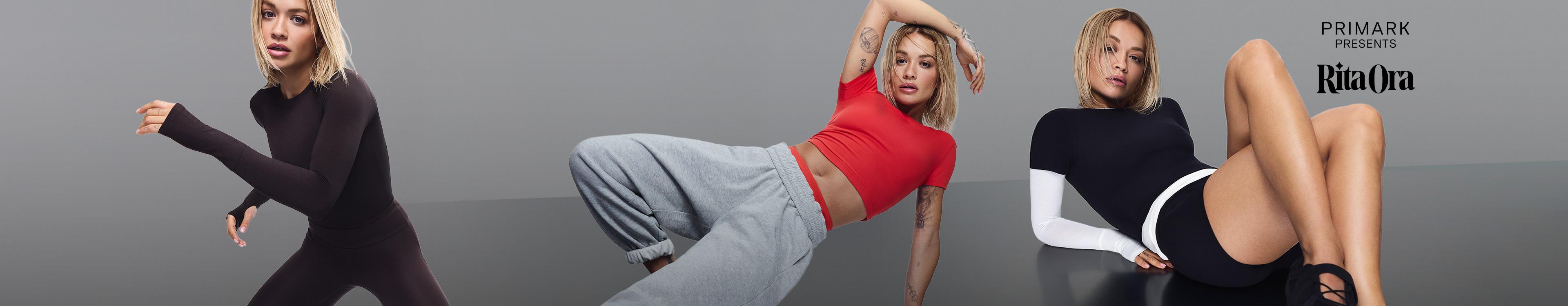 Primark presents Rita Ora collection featuring athletic wear in black, red and grey colours.