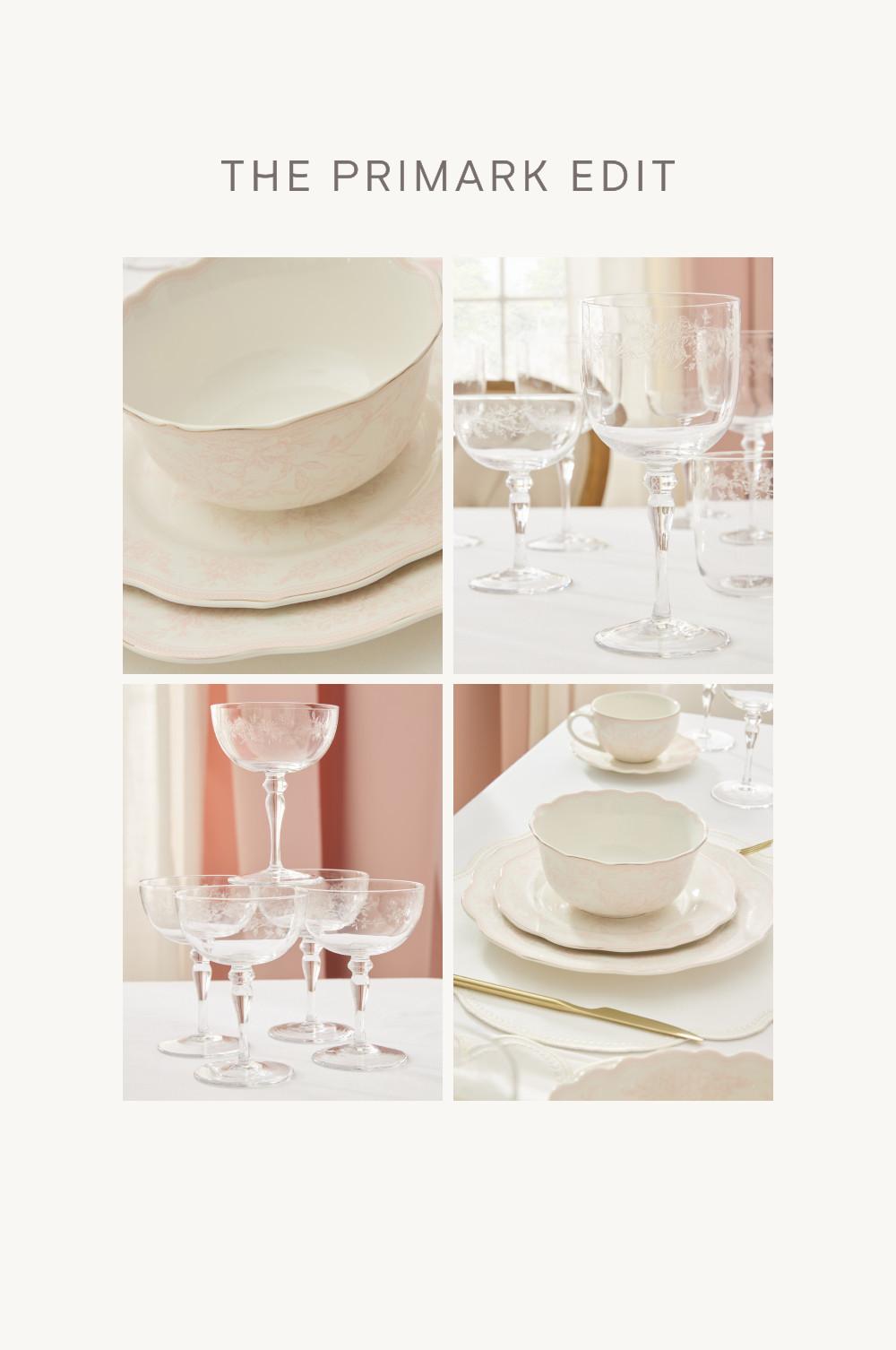 Colección moda hogar de Primark con elegante vajilla color crema y cristalería dispuestas en una mesa elegantemente preparada.