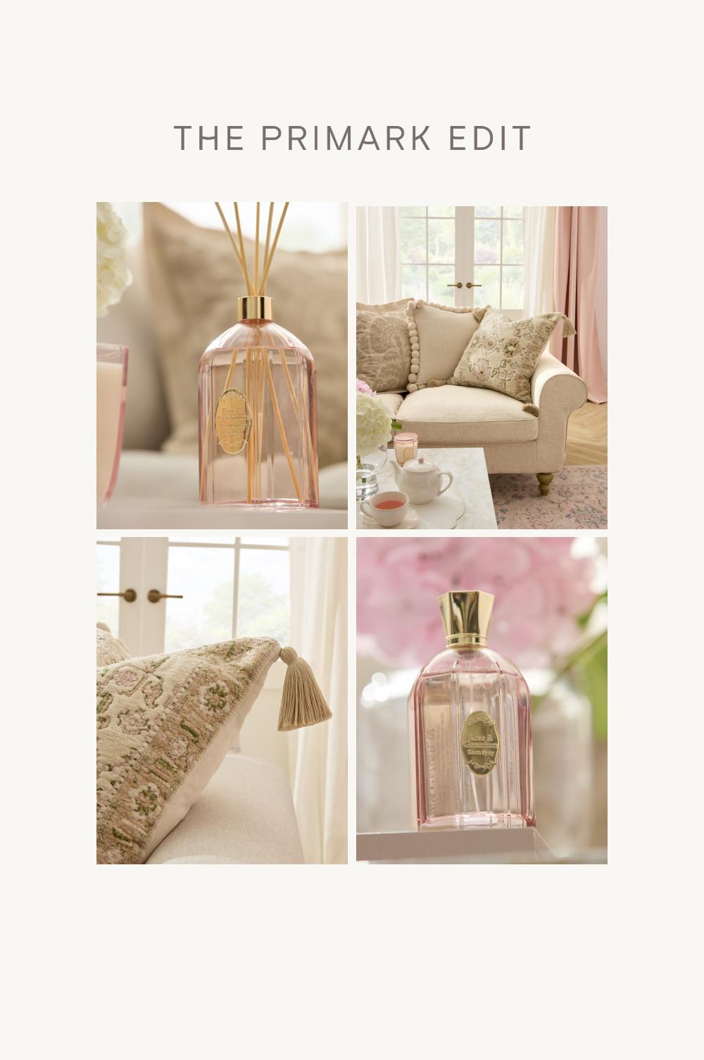 Colección moda hogar de Primark con difusor de varillas rosa, sillón beis con cojines decorativos y elegantes frascos de fragancias.