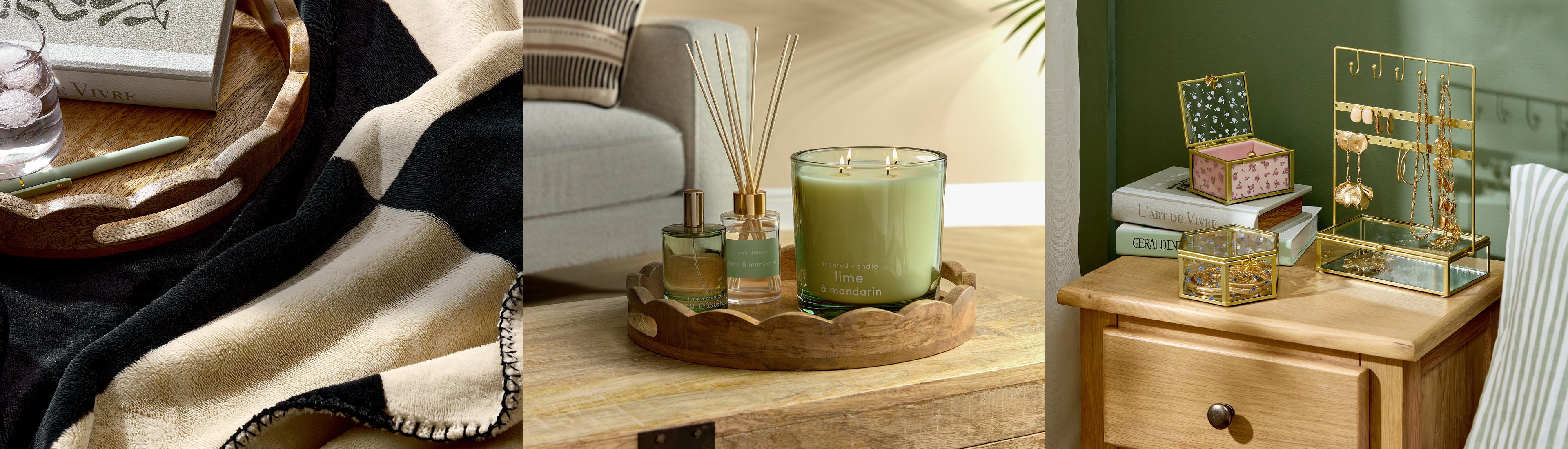 Collage of three home decor images: cozy throw blanket, reed diffuser with candle on wooden tray, and jewelry storage boxes on bedside table.