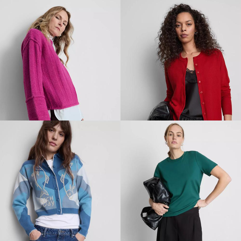 Four models wearing different coloured knitwear: pink jumper, red cardigan, blue patterned jacket and green t-shirt.